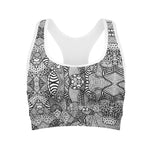 Black And White Zentangle Pattern Print Women's Sports Bra