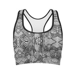 Black And White Zentangle Pattern Print Women's Sports Bra
