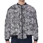 Black And White Zentangle Pattern Print Zip Sleeve Bomber Jacket