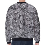 Black And White Zentangle Pattern Print Zip Sleeve Bomber Jacket
