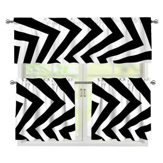 Black And White Zigzag Dazzle Print 3 Piece Kitchen Curtains