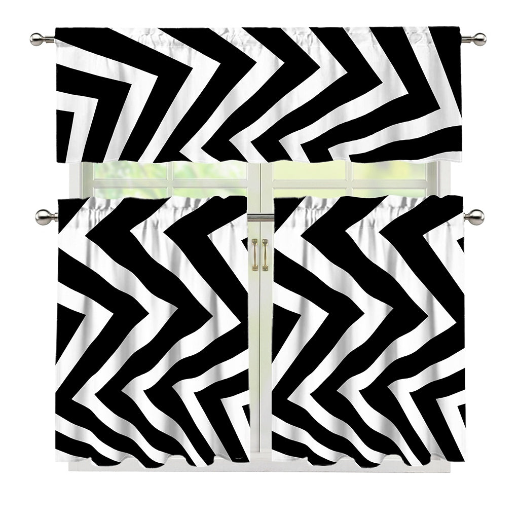 Black And White Zigzag Dazzle Print 3 Piece Kitchen Curtains