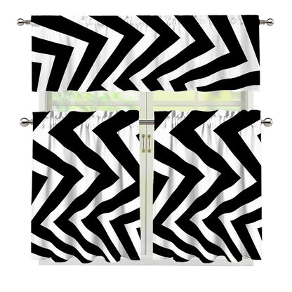 Black And White Zigzag Dazzle Print 3 Piece Kitchen Curtains