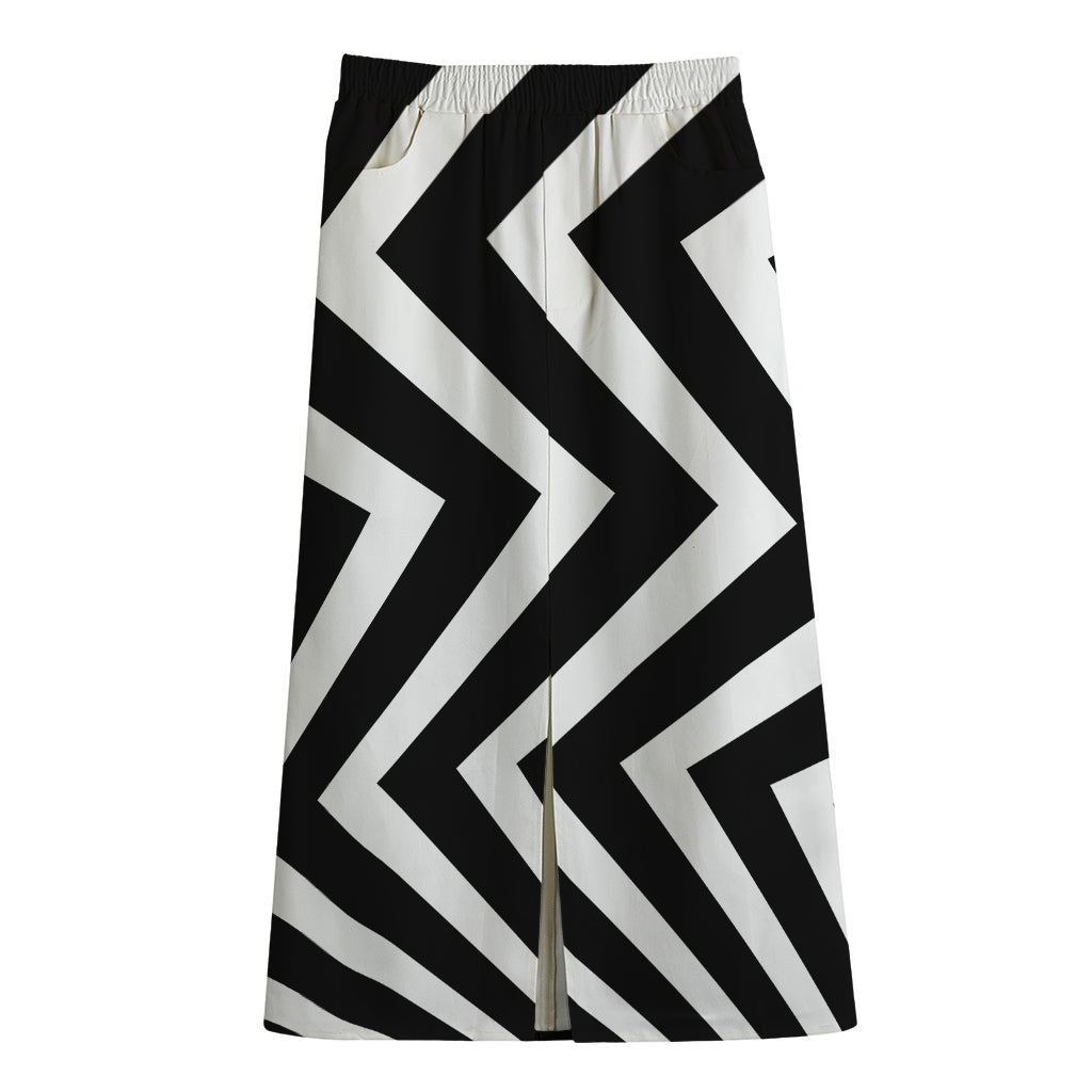 Black And White Zigzag Dazzle Print Cotton Front Slit Maxi Skirt