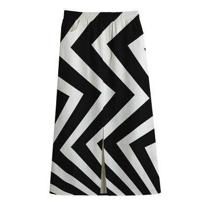 Black And White Zigzag Dazzle Print Cotton Front Slit Maxi Skirt