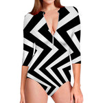Black And White Zigzag Dazzle Print Long Sleeve Swimsuit