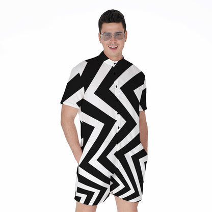 Black And White Zigzag Dazzle Print Men's Rompers