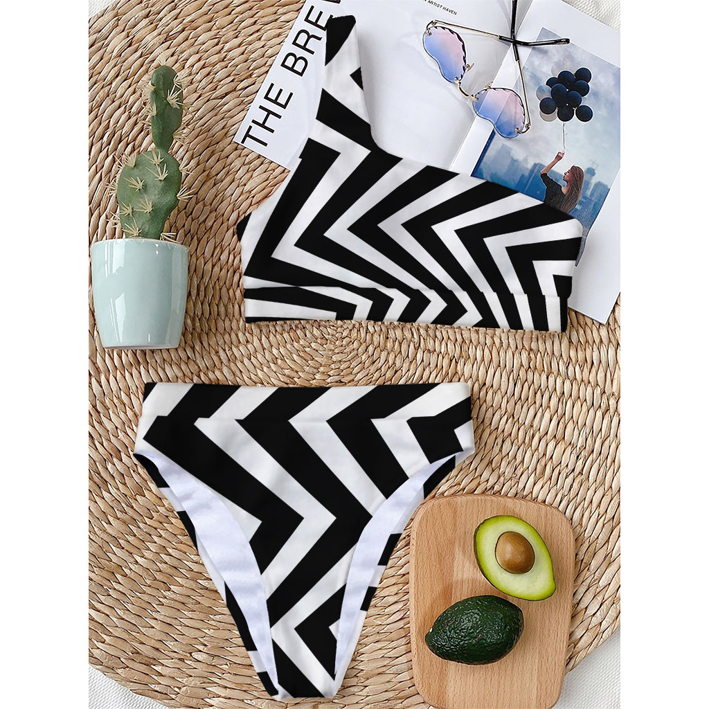 Black And White Zigzag Dazzle Print One Shoulder Bikini Top