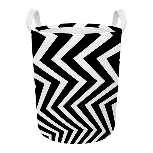 Black And White Zigzag Dazzle Print Round Laundry Basket