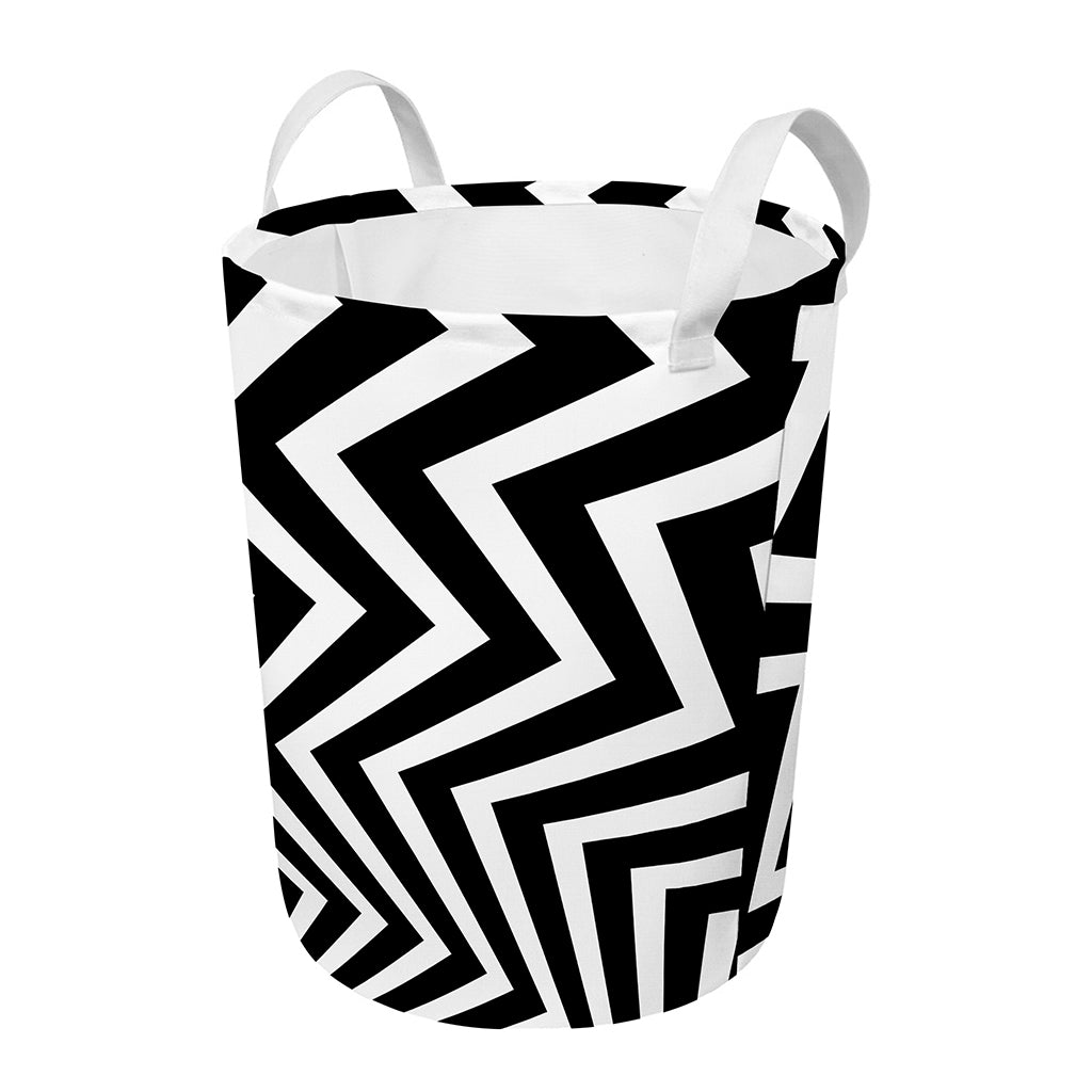 Black And White Zigzag Dazzle Print Round Laundry Basket