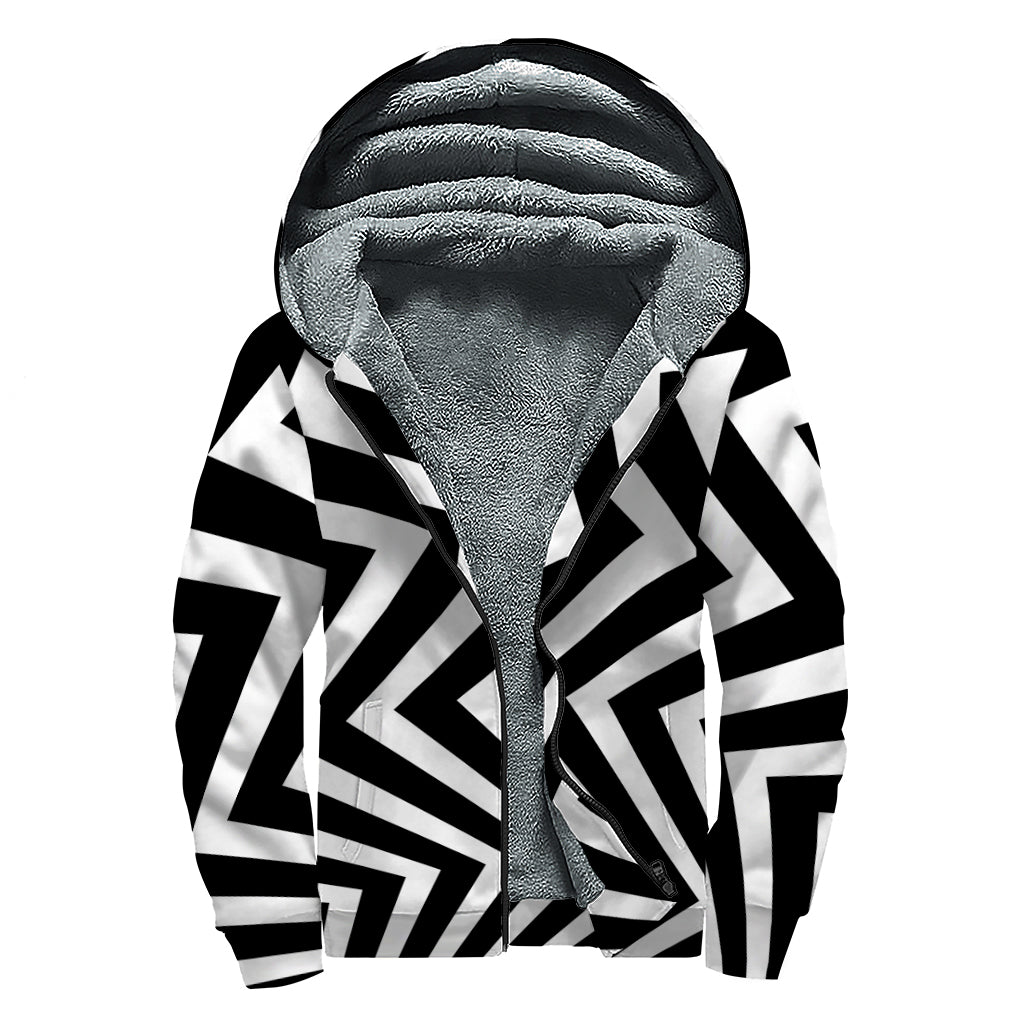 Black And White Zigzag Dazzle Print Sherpa Lined Zip Up Hoodie
