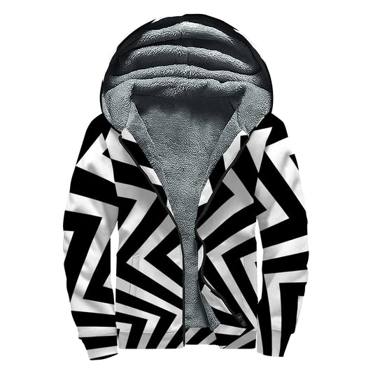 Black And White Zigzag Dazzle Print Sherpa Lined Zip Up Hoodie