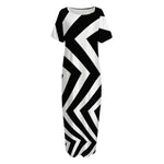 Black And White Zigzag Dazzle Print Short Sleeve Long Nightdress