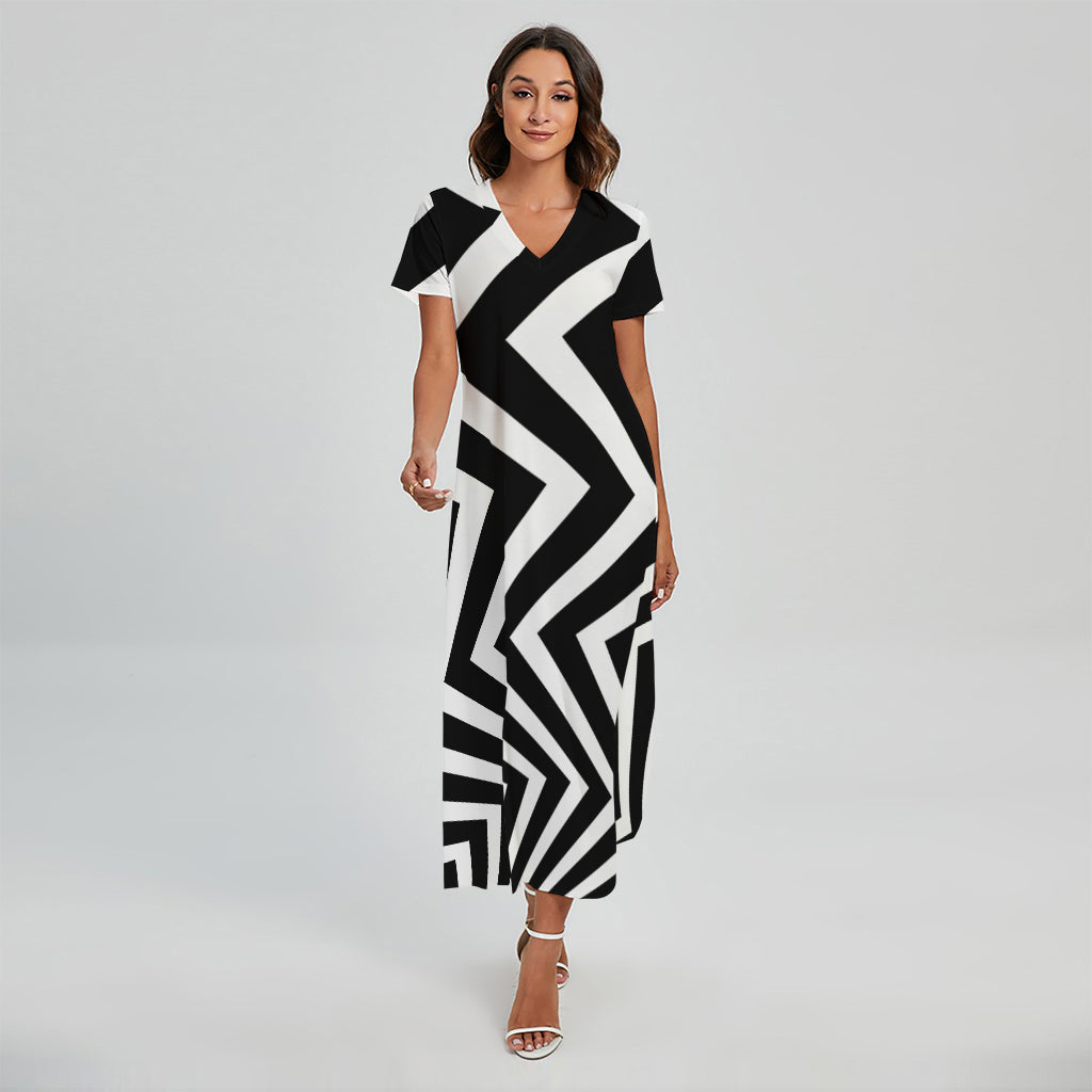 Black And White Zigzag Dazzle Print Short Sleeve Maxi Dress