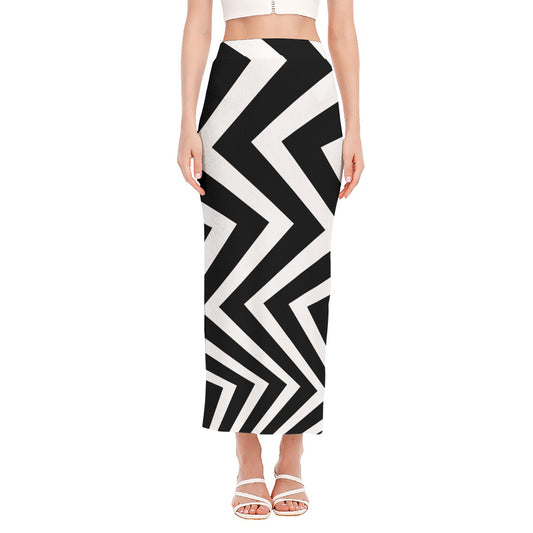 Black And White Zigzag Dazzle Print Side Slit Maxi Skirt