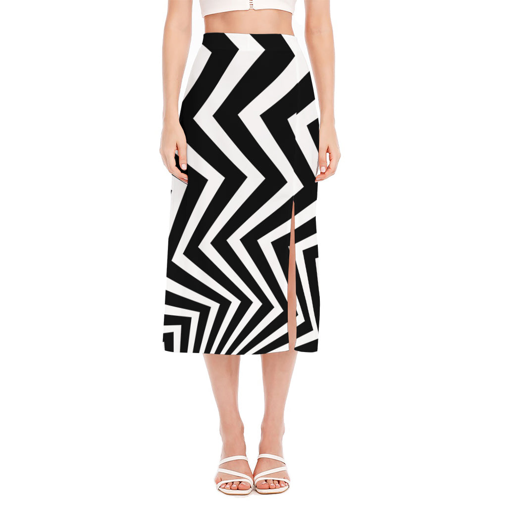 Black And White Zigzag Dazzle Print Side Slit Midi Skirt