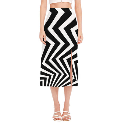 Black And White Zigzag Dazzle Print Side Slit Midi Skirt