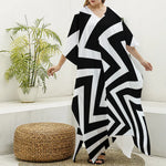 Black And White Zigzag Dazzle Print Silk V-Neck Kaftan Dress