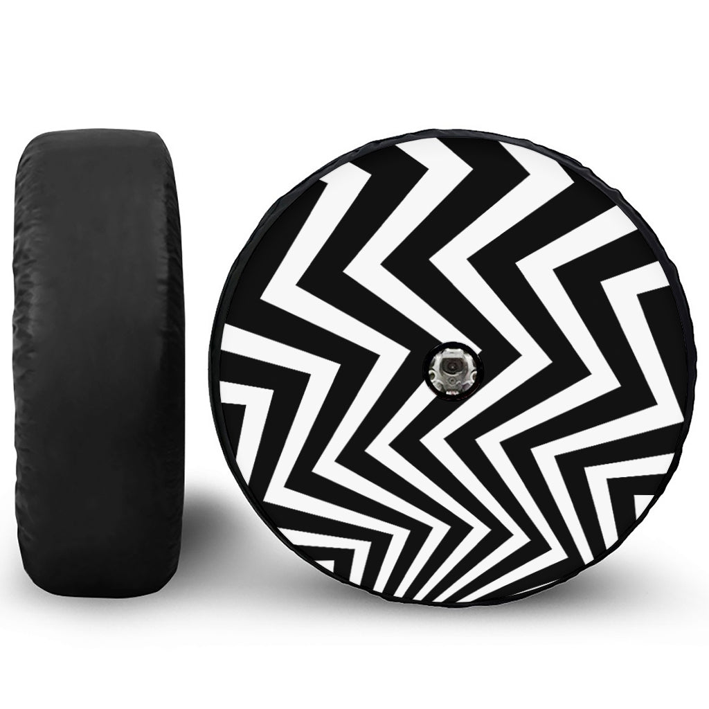 Black And White Zigzag Dazzle Print Tire Cover With Camera Hole