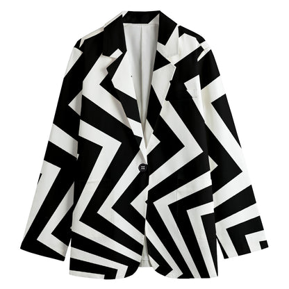 Black And White Zigzag Dazzle Print Women's Cotton Blazer