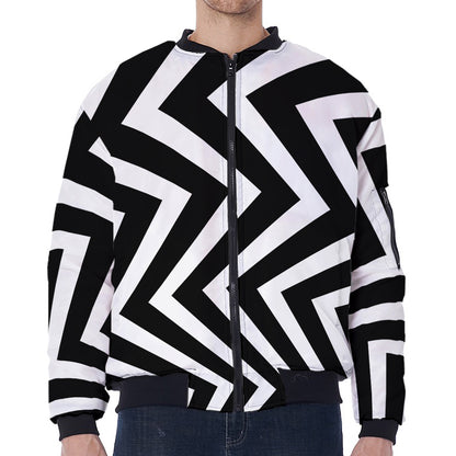 Black And White Zigzag Dazzle Print Zip Sleeve Bomber Jacket