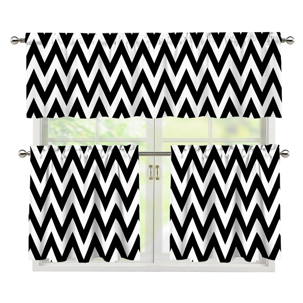 Black And White Zigzag Pattern Print 3 Piece Kitchen Curtains