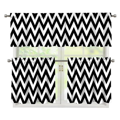 Black And White Zigzag Pattern Print 3 Piece Kitchen Curtains