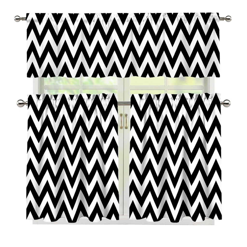 Black And White Zigzag Pattern Print 3 Piece Kitchen Curtains