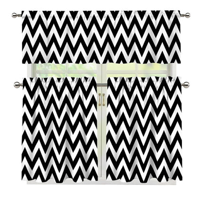 Black And White Zigzag Pattern Print 3 Piece Kitchen Curtains