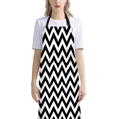 Black And White Zigzag Pattern Print Bib Apron With Pocket