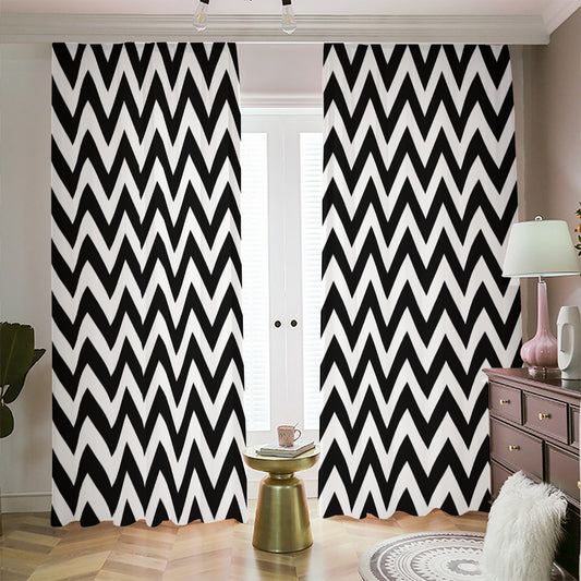 Black And White Zigzag Pattern Print Blackout Pencil Pleat Curtains