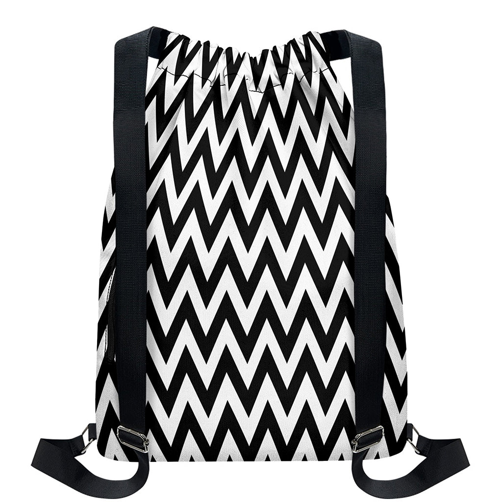 Black And White Zigzag Pattern Print Drawstring Backpack