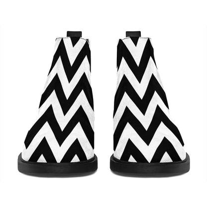 Black And White Zigzag Pattern Print Flat Ankle Boots