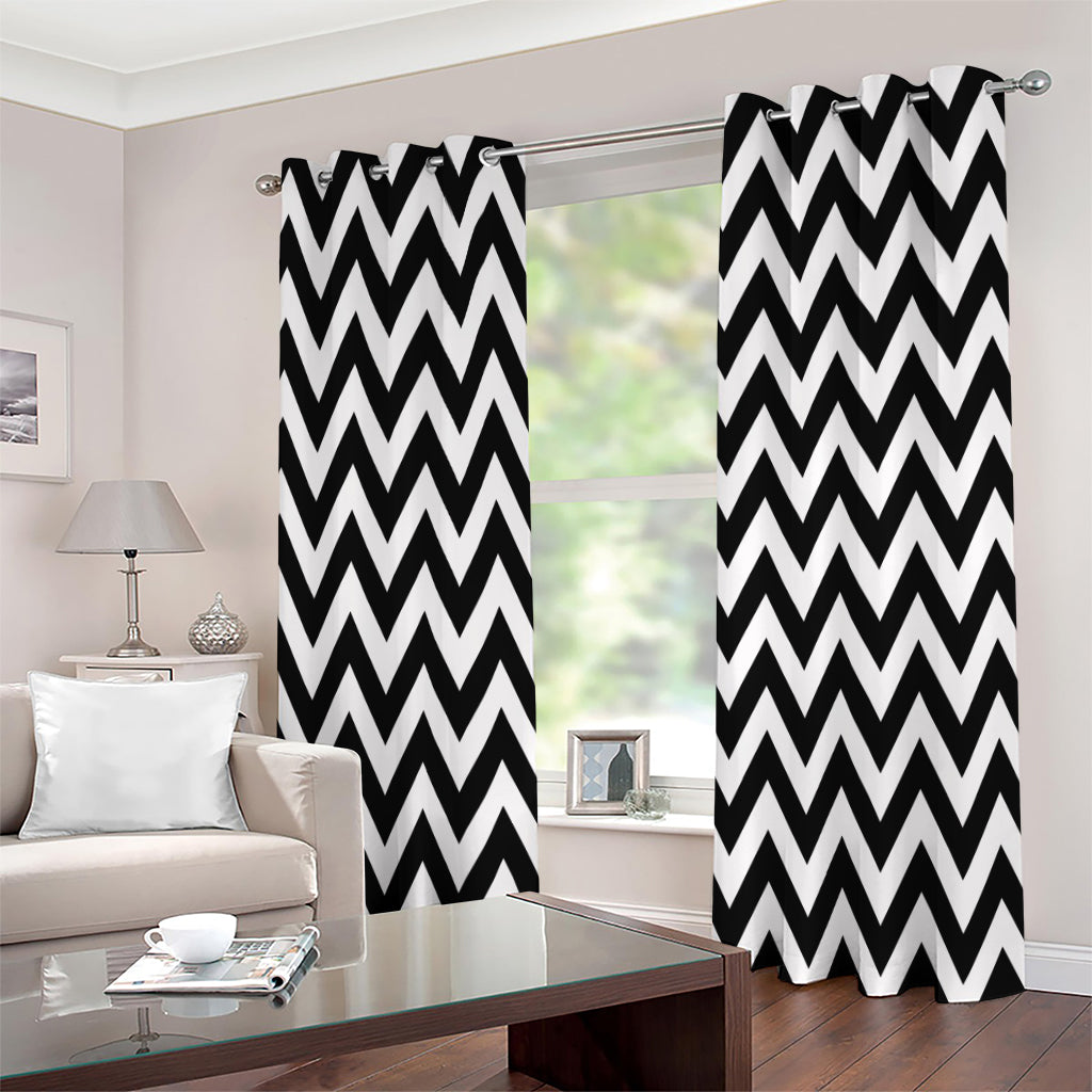 Black And White Zigzag Pattern Print Grommet Curtains