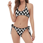 Black And White Zigzag Pattern Print Halter Scoop Tie Side Bikini