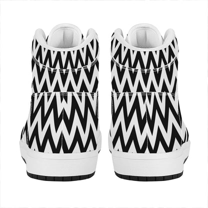 Black And White Zigzag Pattern Print High Top Leather Sneakers