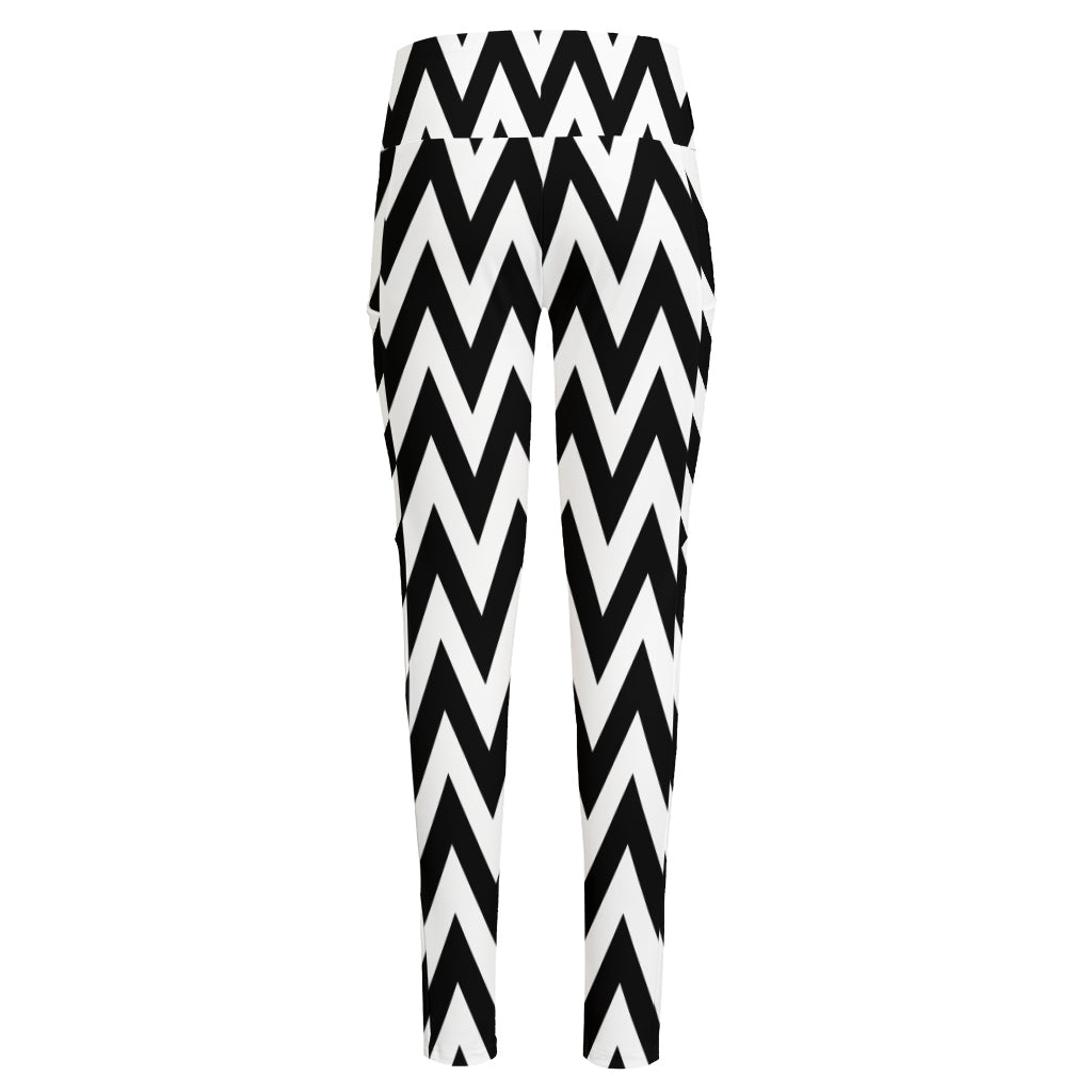 Black And White Zigzag Pattern Print High-Waisted Pocket Leggings