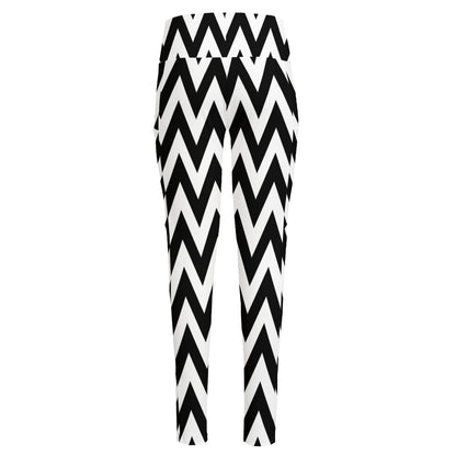 Black And White Zigzag Pattern Print High-Waisted Pocket Leggings