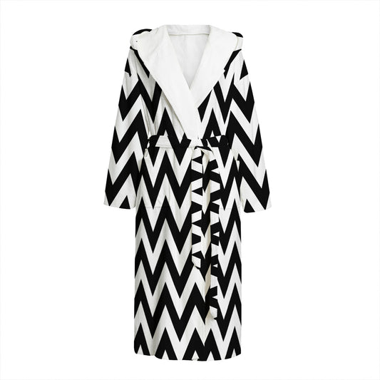 Black And White Zigzag Pattern Print Hooded Bathrobe
