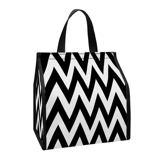 Black And White Zigzag Pattern Print Insulated Lunch Tote