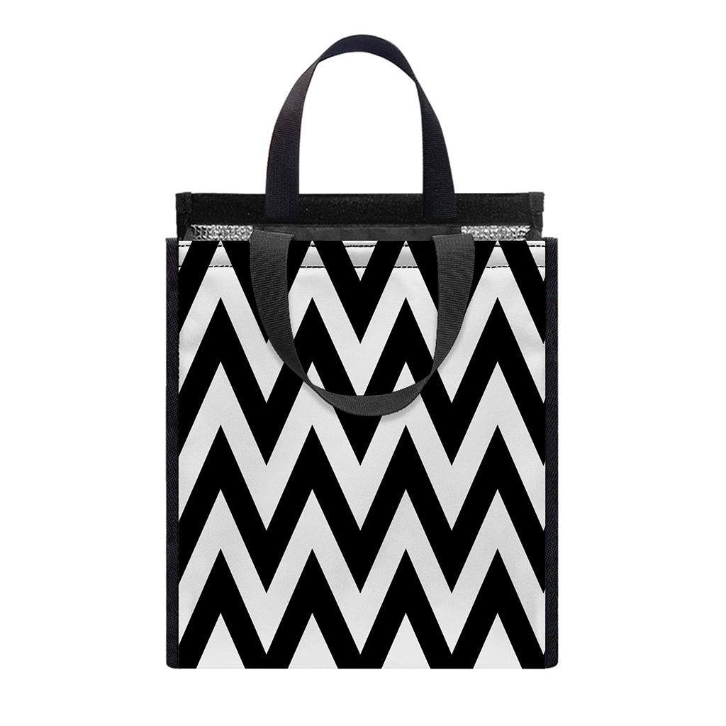 Black And White Zigzag Pattern Print Insulated Lunch Tote