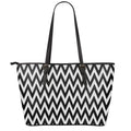 Black And White Zigzag Pattern Print Leather Tote Bag With Zipper