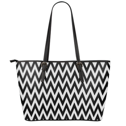 Black And White Zigzag Pattern Print Leather Tote Bag