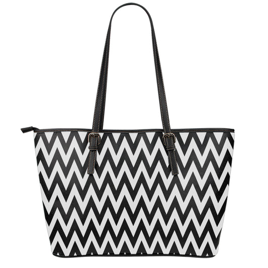 Black And White Zigzag Pattern Print Leather Tote Bag