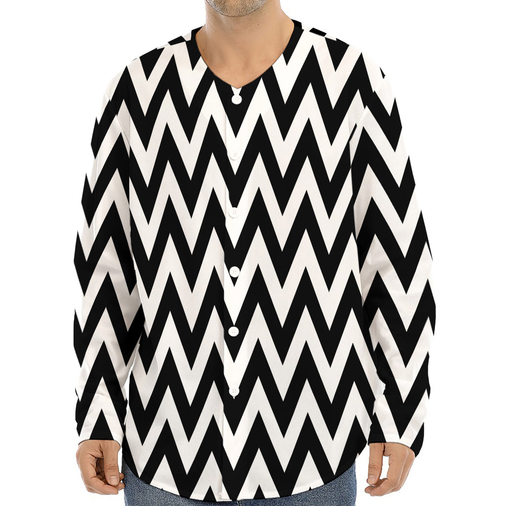 Black And White Zigzag Pattern Print Long Sleeve Baseball Jersey