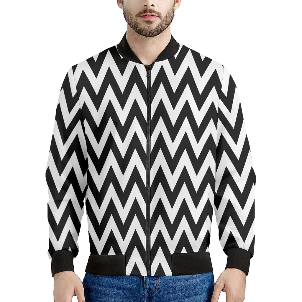 Black And White Zigzag Pattern Print Men's Bomber Jacket