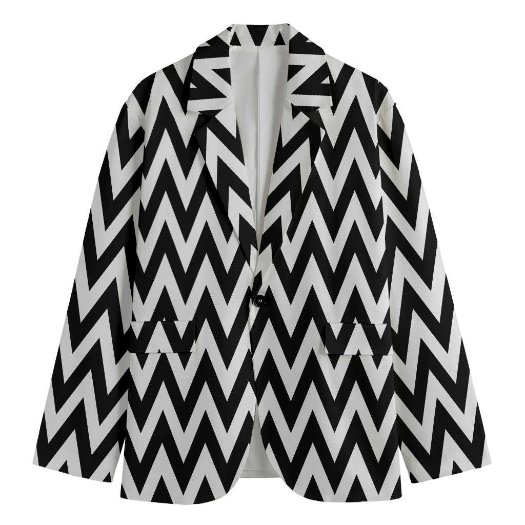 Black And White Zigzag Pattern Print Men's Cotton Blazer