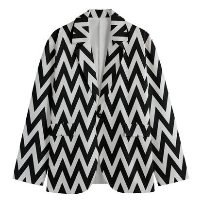 Black And White Zigzag Pattern Print Men's Cotton Blazer