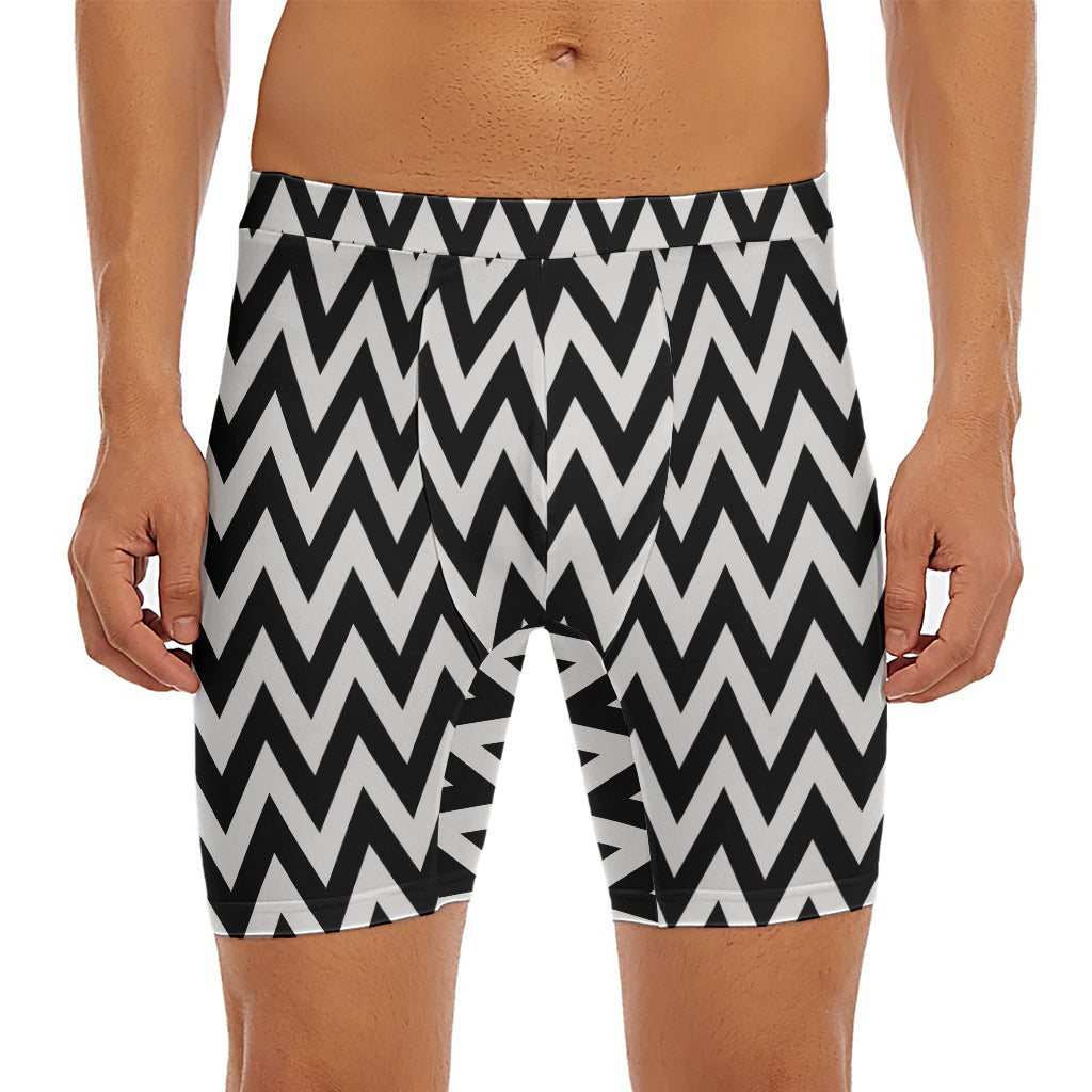 Black And White Zigzag Pattern Print Men's Long Boxer Briefs