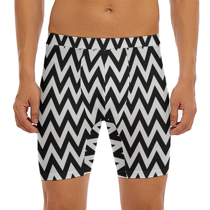 Black And White Zigzag Pattern Print Men's Long Boxer Briefs